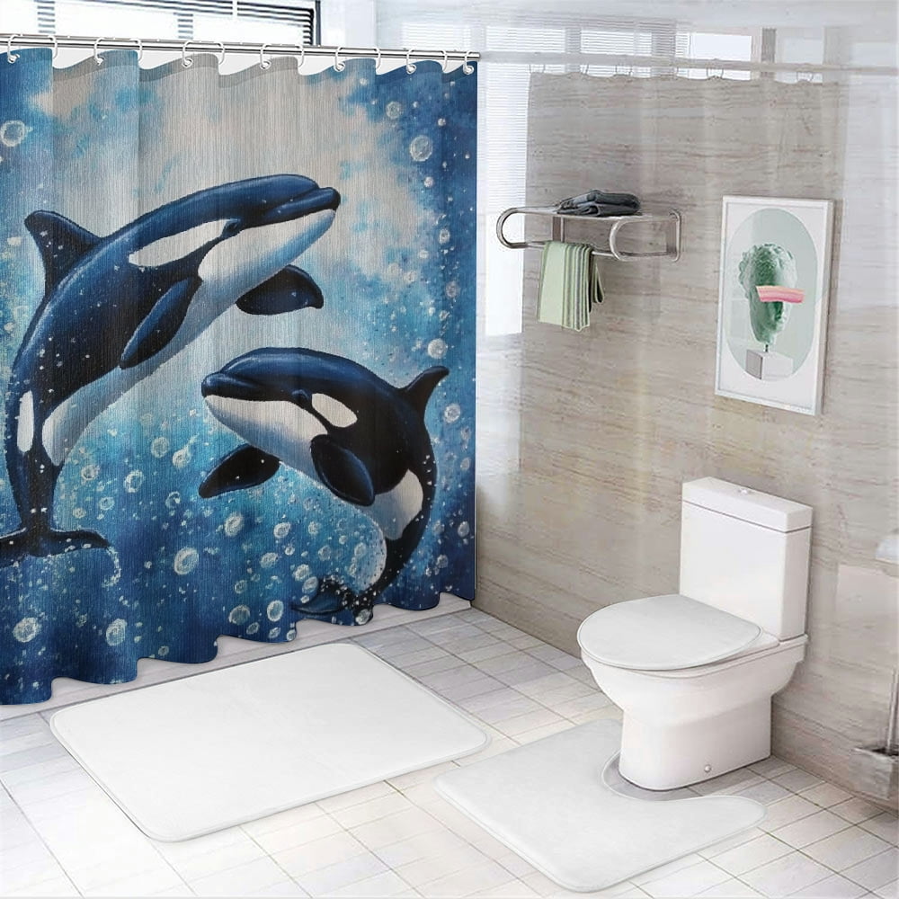 Patifu Orca Whales Water Bubbles Bathroom Shower Curtain Set with Hooks 100% Polyester Fabric 69"x72
