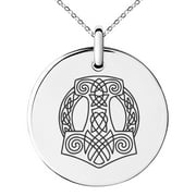 Stainless Steel Majesty Thor's Hammer Mjolnir Viking Engraved Small Medallion Circle Charm Pendant Necklace