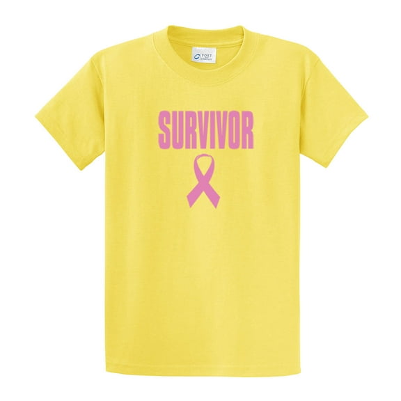 Cancer Awareness Short Sleeve T-shirt Survivor in Pink with Ribbon-Yellow-Small