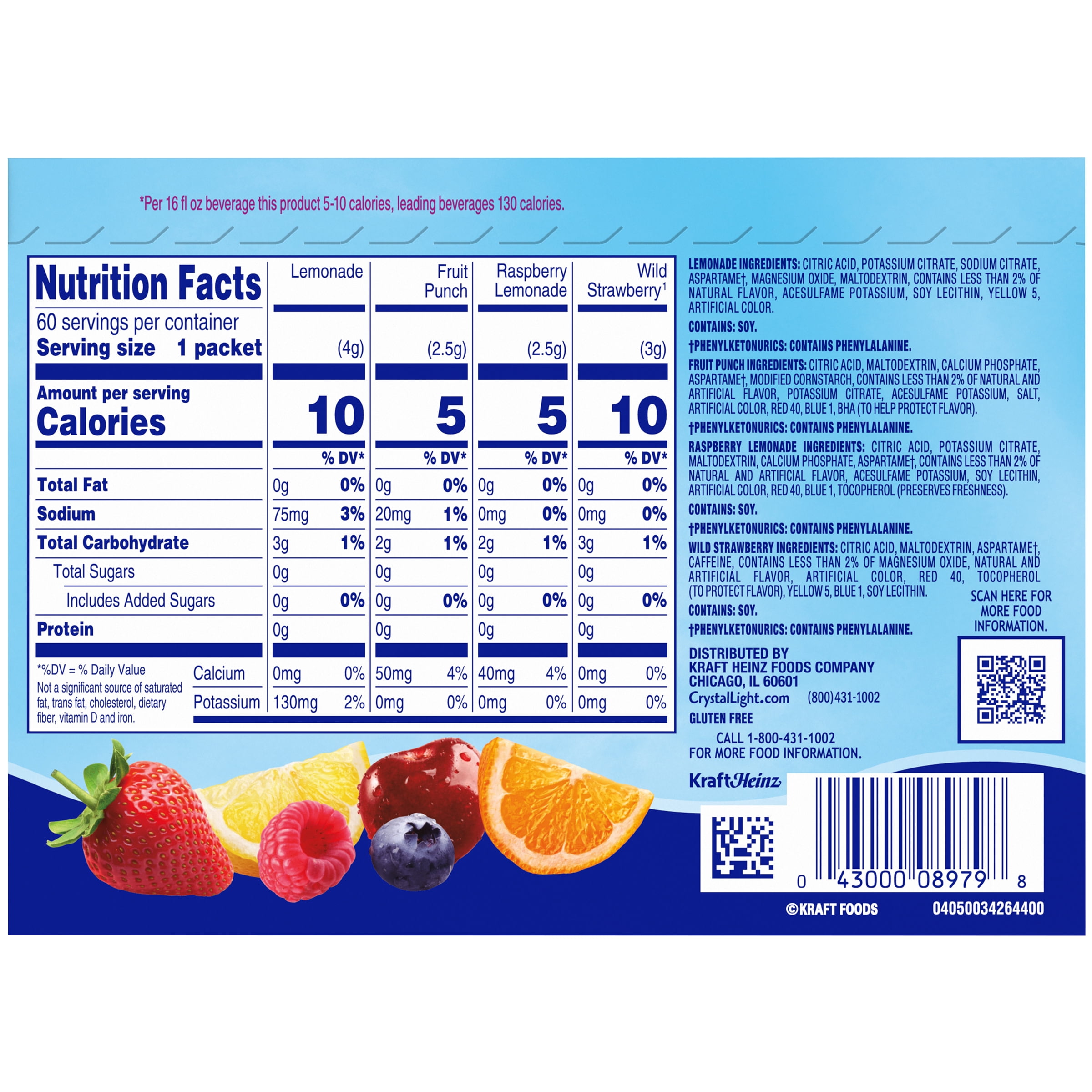 Crystal Light Lemonade, Fruit Punch, Raspberry Lemonade & Wild Strawberry Powdered Drink Mix Variety Pack, 60 ct On-the-Go-Packets