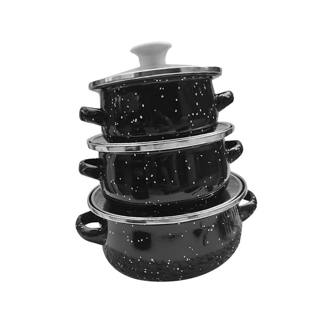 jesticaly 3Pcs Enamel Mini Pot Set Universal blue Enamel Portable Cookware light Cooking Set Home black