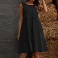 thumbnail image 4 of Dresses for Women Crew Neck Sleeveless Mini Dress Fashion Soild Color Pleated Cotton-Linen Button Sundress with Pocket, 4 of 6