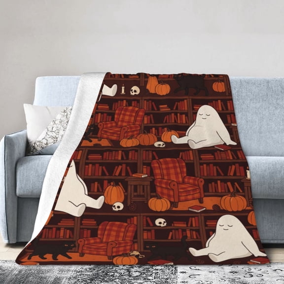 Halloween Blanket, Birthday Gifts for Women Book Lovers, Ghost Pumpkin Spooky Reading Throw, Soft Flannel Bookish Decor 50x40