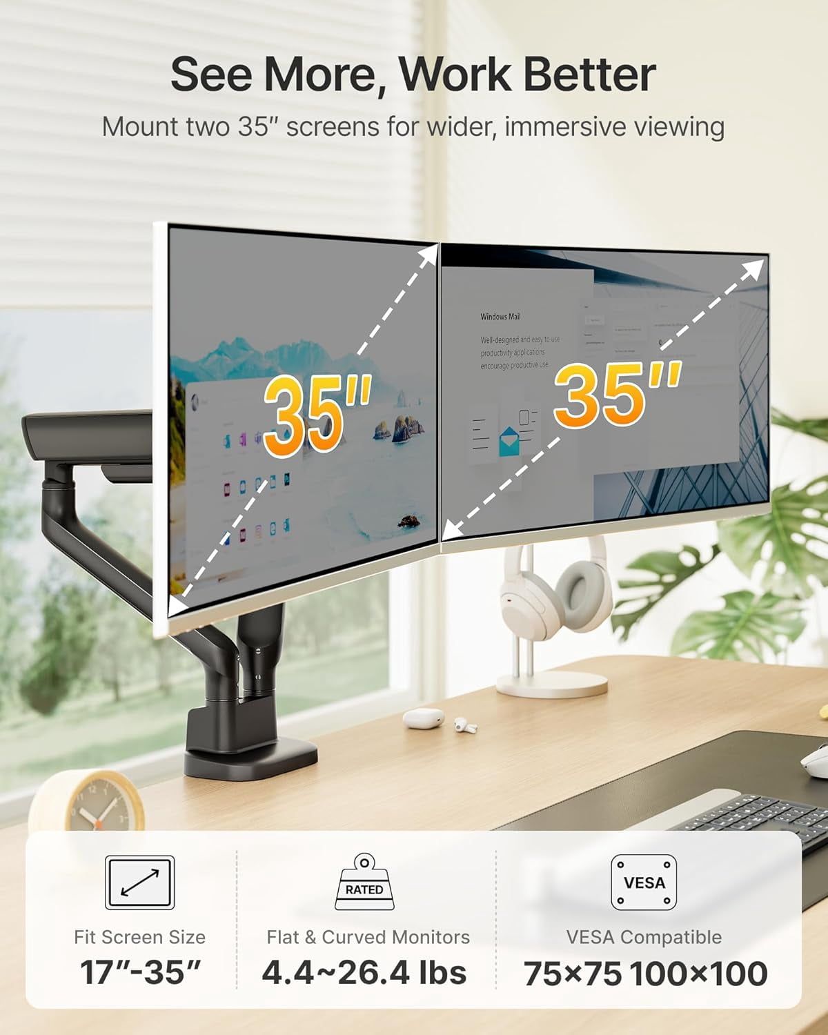 monTEK Dual Monitor Arm, Mechanical Spring Dual Monitor Mount for 17–35" Screens, Holds up to 26.4 lb per Arm, Full Motion Desk Stand with VESA 75x75/100x100, C-Clamp & Grommet
