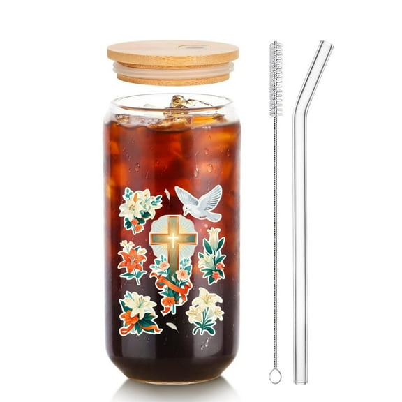 16 Ounce Clear Glass Cup with Straw and Lid, Painted with Cross and Flowers Patterns, Tumbler Drinking Set Coffee Cup, Great for Gift or Everyday Use