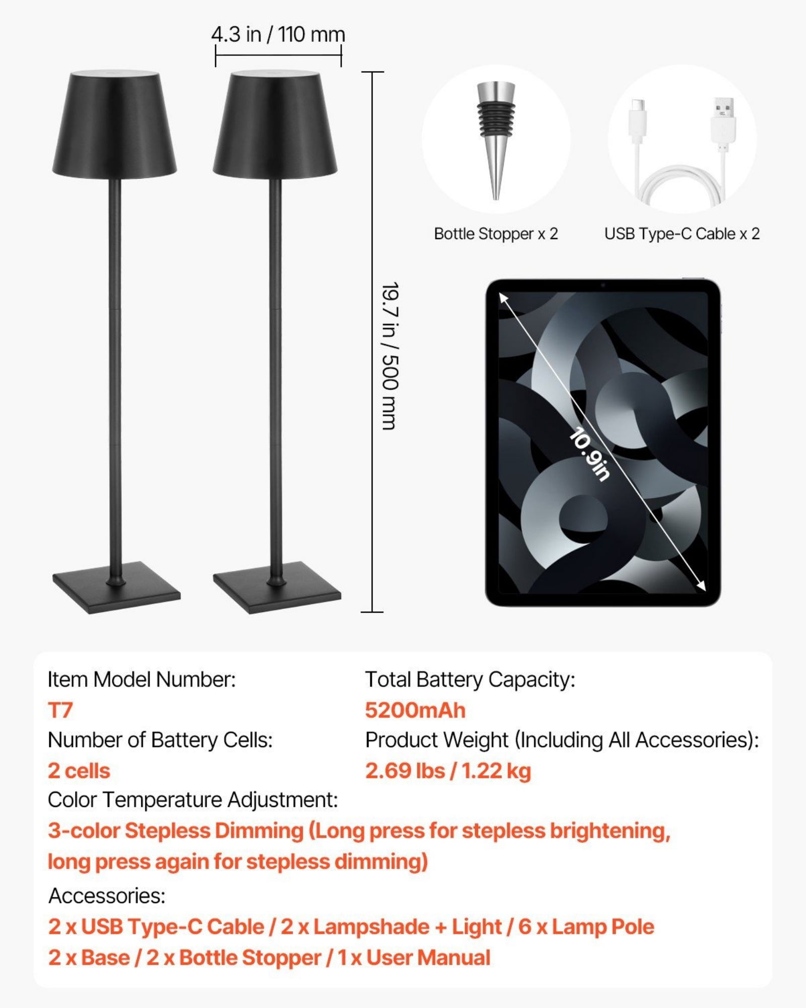 2-Pack Cordless Table Lamps - Rechargeable Battery Desk Lamps with Adjustable Height, 3 Lighting Modes - Portable Nightstand Lamps for Bedroom, Office, Dorm - 20H Runtime, USB-C Charging (Black)