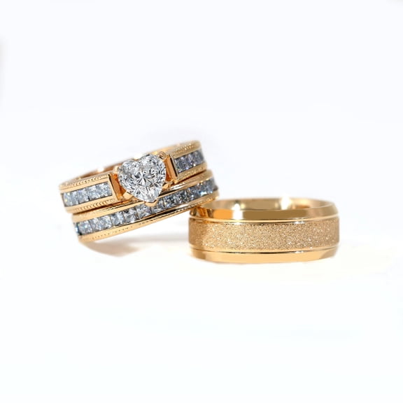 Couple Rings Matching Rings Yellow Gold Plated 1.5CT Heart AAA CZ 2pcs Women Wedding Ring Sets for Him and Her Rings Men Ring