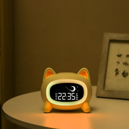 This yellow cartoon animal digital alarm clock features a built-in lithium battery, USB charging, wake-up function, multi-color night light, and white noise soothing melody, making it an ideal gift f