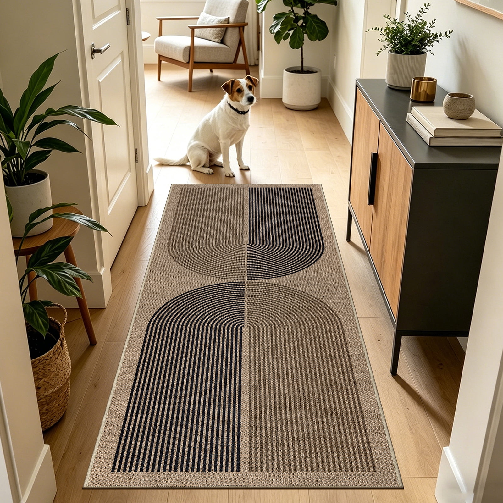 ORGOWEL Easy Jute Kitchen Rug Set of 3 Boho Modern Non-Slip Washable Floor Mat Carpet for Kitchen Sink Laundry Room Hallway, Black & Brown