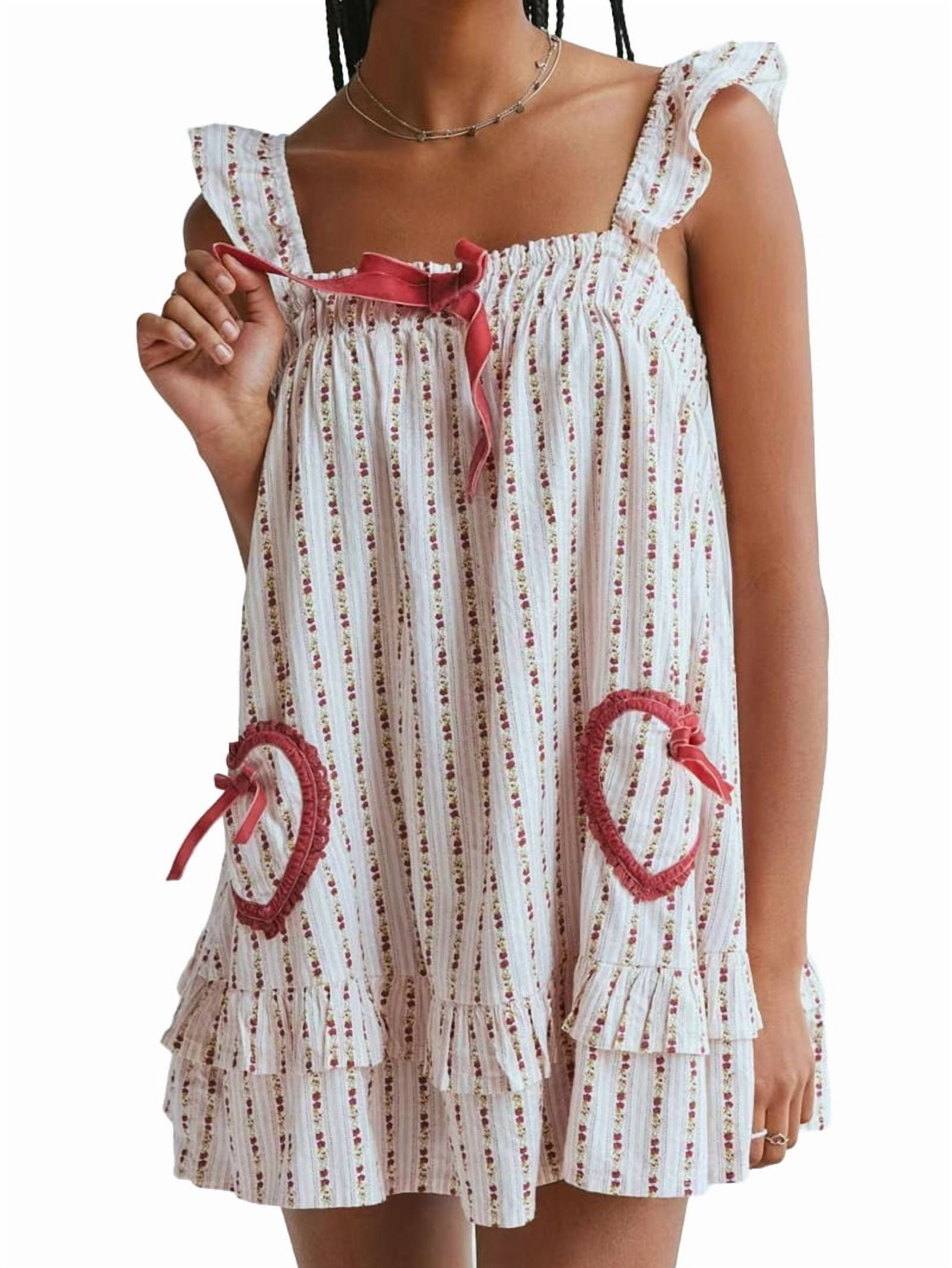 Women Cute Floral Printed Mini Dress Sleeveless Front Loose Ruffled Short Dress Summer Gingham Babydoll Red L