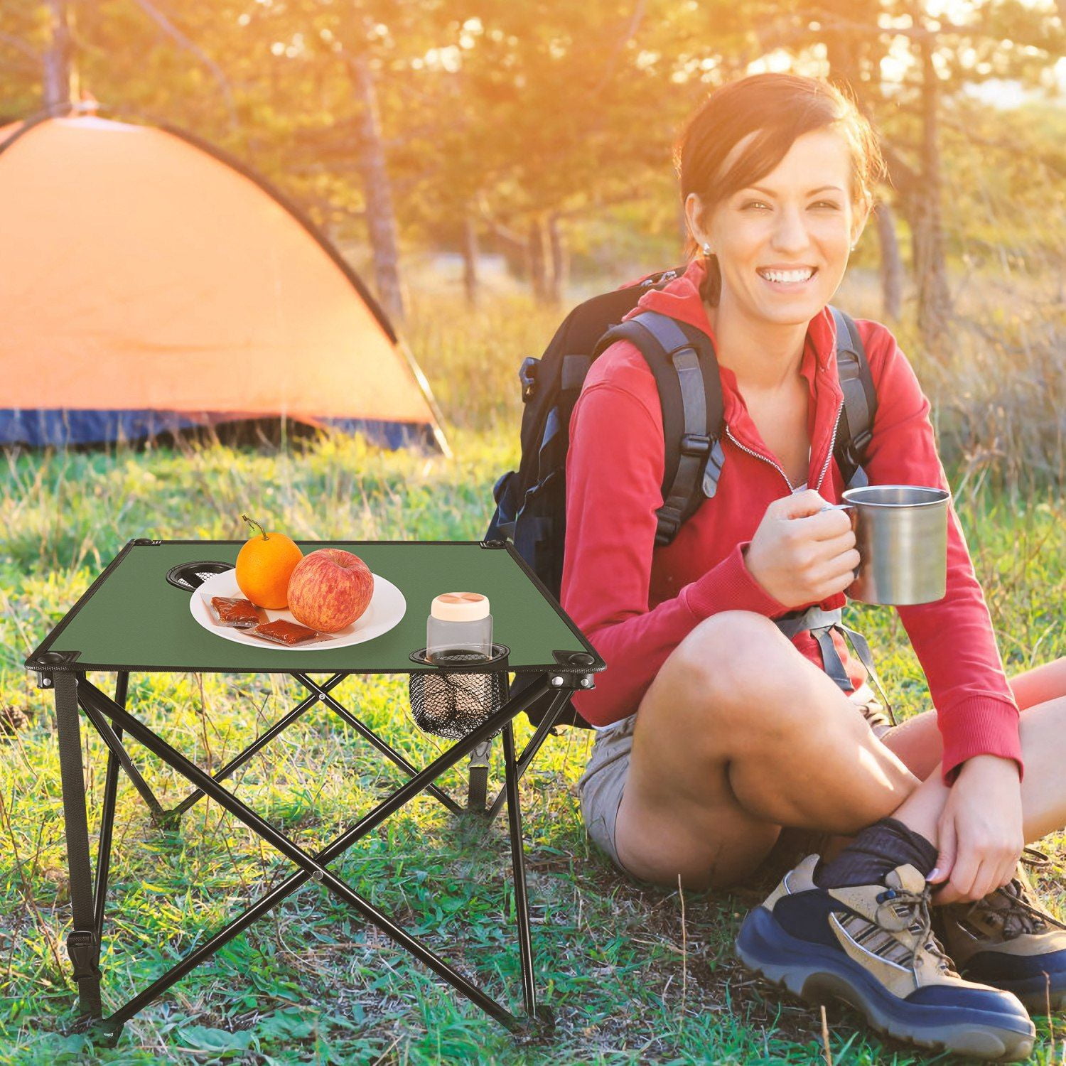 Foldable Camping Table Portable Picnic Table Lightweight Travel Desk with 2 Cup Holders Carrying Bag