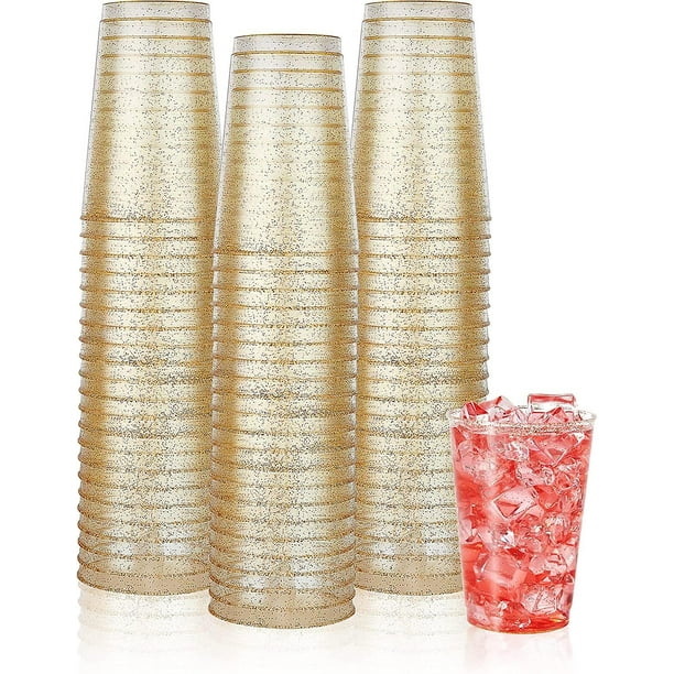 Paquete de 150 vasos de plástico con purpurina dorada de 12 onzas, vasos de plástico dorado duro, vasos de plástico desechables de oro a granel para bodas, Acción de Gracias, Halloween, Navidad P