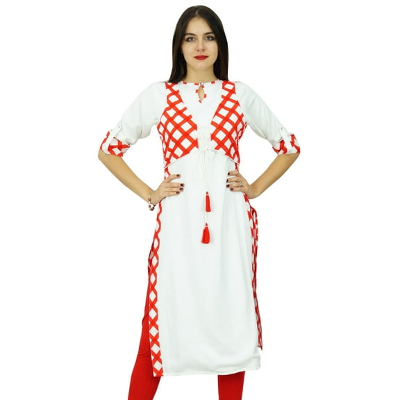 Bimba Women Designer Kurta Straight White Kurti With Attached Jacket Ethnic