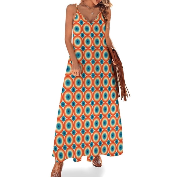 Vestido sin mangas con estampado de lunares y ojos de ilusión de los años 70 en naranja y azul, vestido de verano, ropa de uso diario para mujer