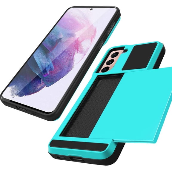 FIEWESEY for Galaxy S21 Phone Case,Ultra-Thin Sliding Credit Card Slot, Full Body Protective Shell, Scratch-Resistant Shock-Proof Protective Cover for Samung Galaxy S21 6.2 Inch (Blue)