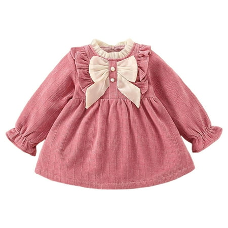 

Toddler Girls Long Sleeve Solid Color Ruffles Bowknot Dress Dance Party Dresses Clothes Girl Uniform Shirt Uniform Dresses Tea Party Outfit