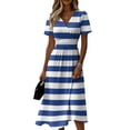 thumbnail image 3 of Laqbezok Casual Striped V-Neck Dress, Trendy Short Sleeve A-Line Midi Dress, Fashion Smocked High Waist Summer Sun Dress, 3 of 6