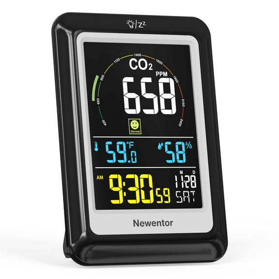 Newentor CO2 Monitor, Indoor Air Quality Meters, Real-Time Temperature & Humidity Monitor, Carbon Dioxide Detector with Alerts, Alarm Clock, for Home, Office, and Greenhouse Use, Black