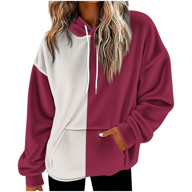 Women's Color Block Fuzzy Hoodie - Oversized Loose Fit Fall Winter Sweatshirt, Fashion Fluffy Sherpa Hoodie with Drawstring