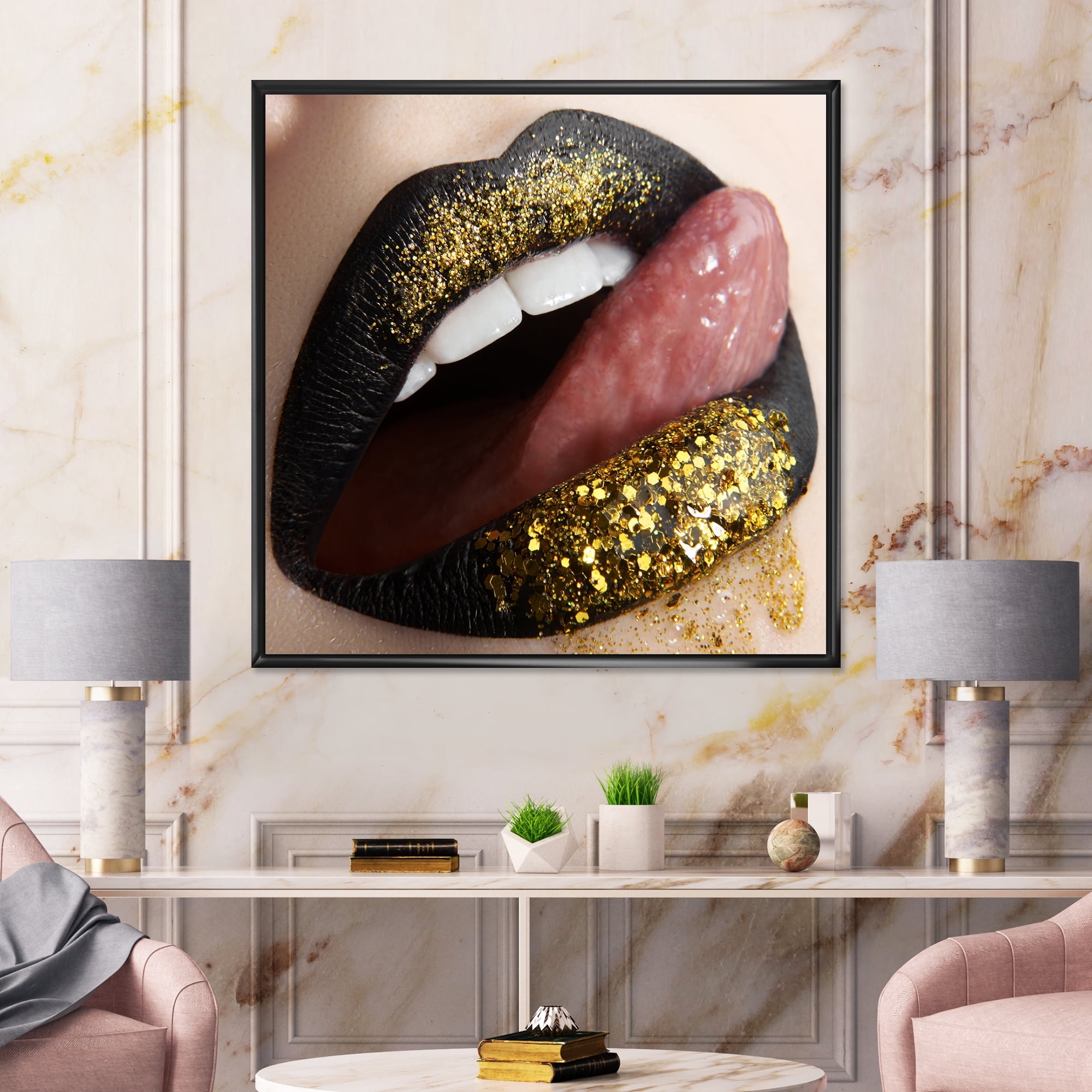 Designart 'Woman Lips Black Lipstick and Gold Sequins' Modern Framed Canvas Wall Art Print