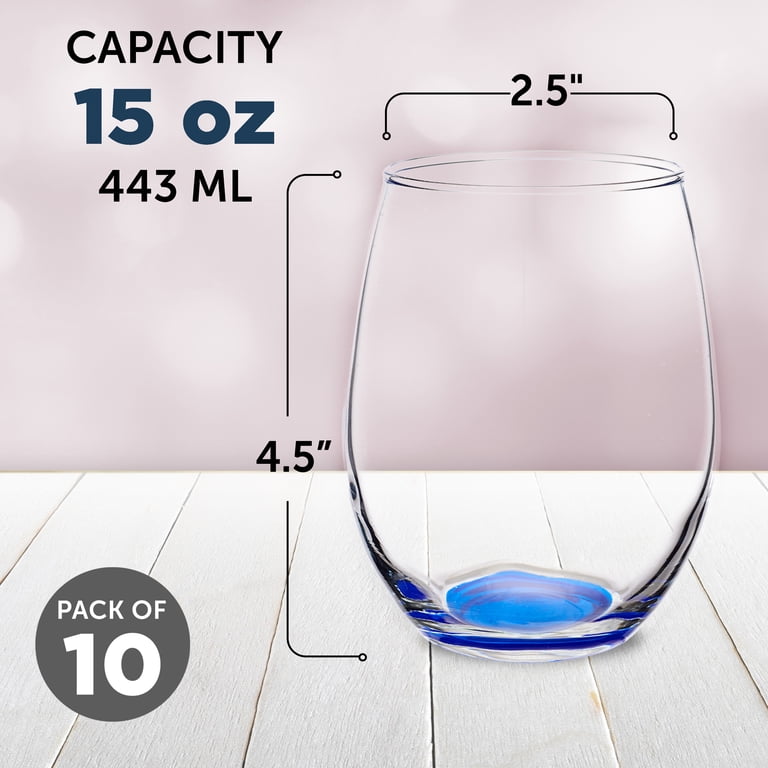 Stemless Wine Glasses in Bulk by ARC Perfection, 15 oz -10 pack, Red or  White Wine Glass Drinking Set, Blue
