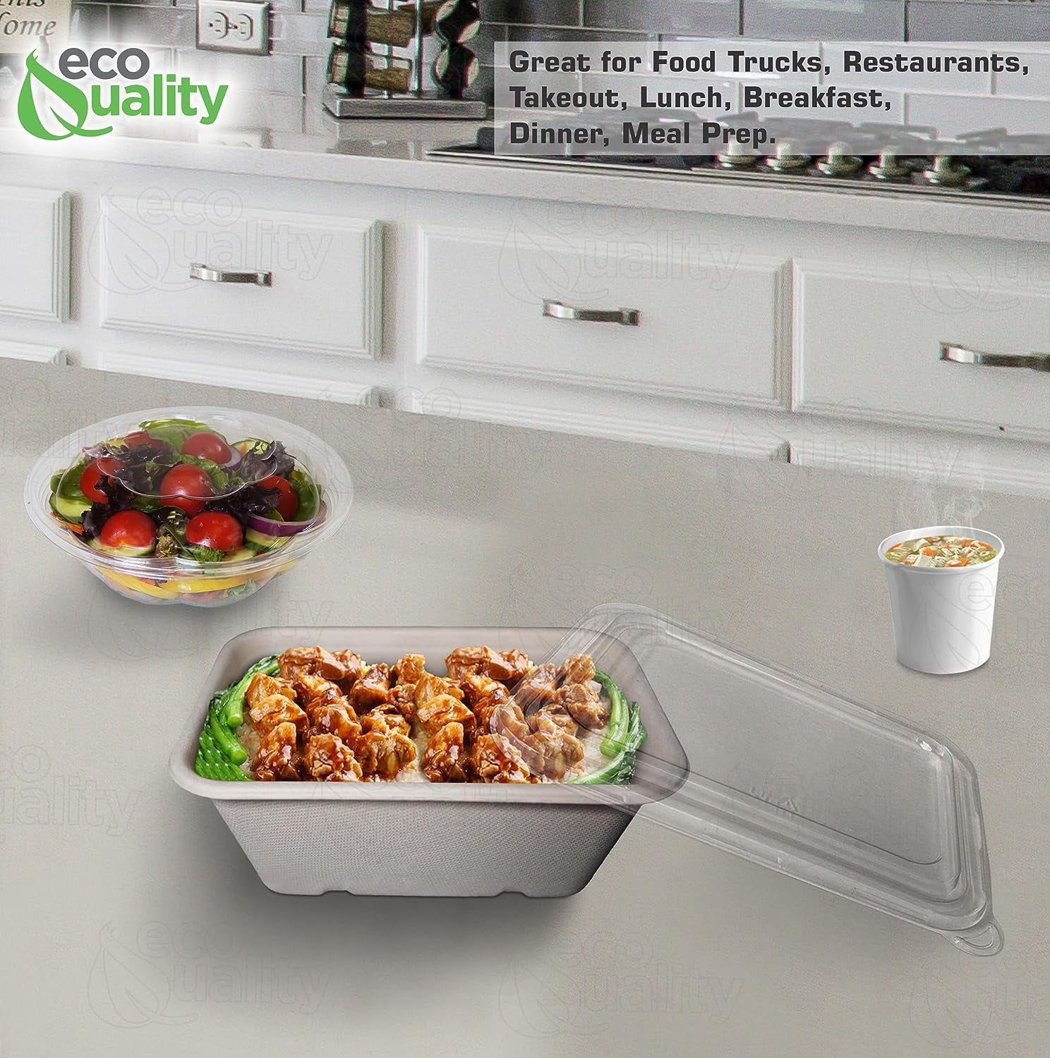 EcoQuality 34oz Disposable Bowls with Clear Lids - Rectangular Compostable Sugarcane Fiber Biodegradable Paper Bowls Eco-Friendly Take Out Food Storage Containers, Microwave Safe, Meal Prep (200 PACK)