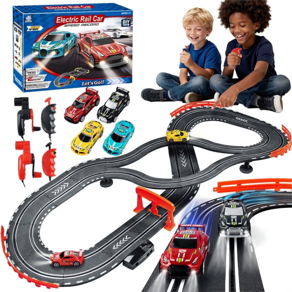Slot Car Race Track with 4pcs Light-Up Race Cars, Electric/Hand Shake, Dual Racing Slot Car Track Toy Gift for Kids Boys Ages 4-12