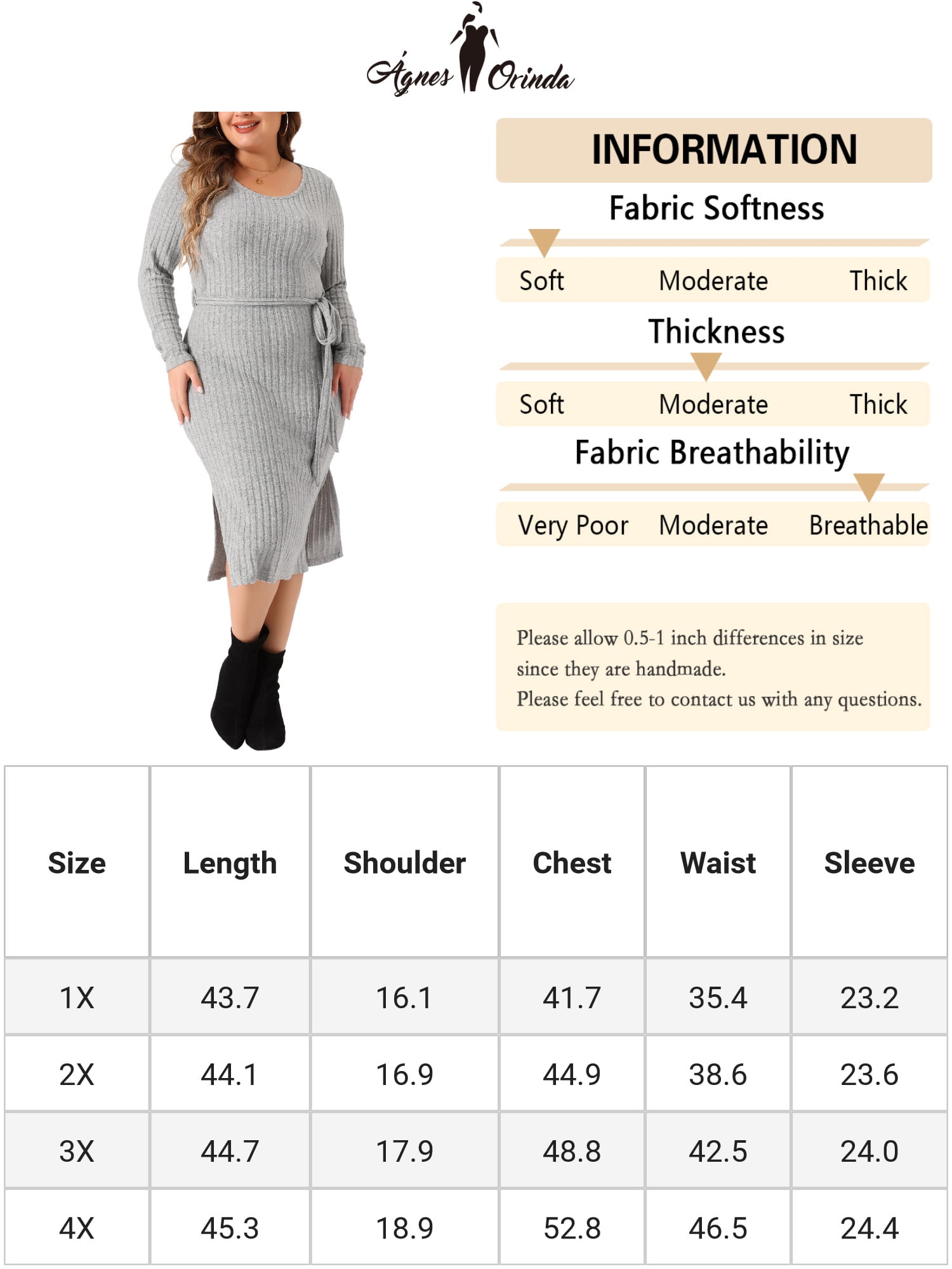 DARING DIVA Plus Size Round Neck Long Sleeve Ribbed Knit Midi Dress 1X Gray