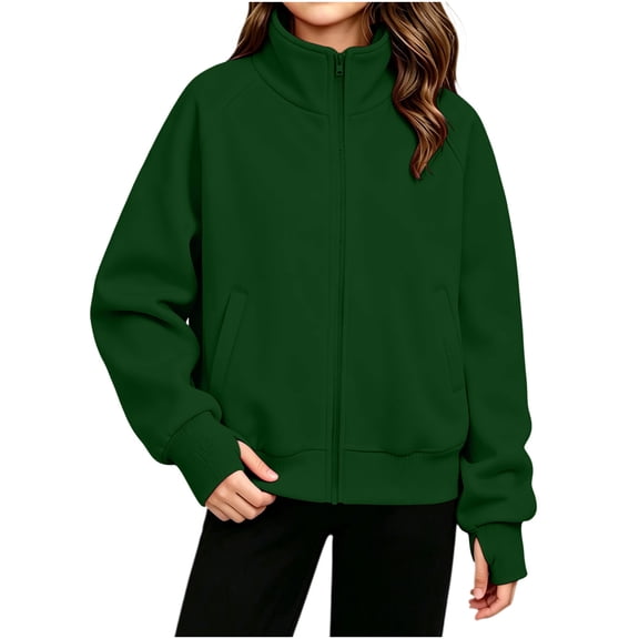 Mitankcoo Girls Stand Collar Zip Up Jacket Raglan Sleeve Full Zip Coat Casual Loose Outerwear with Thumb Hole Cuffs 5-15Y