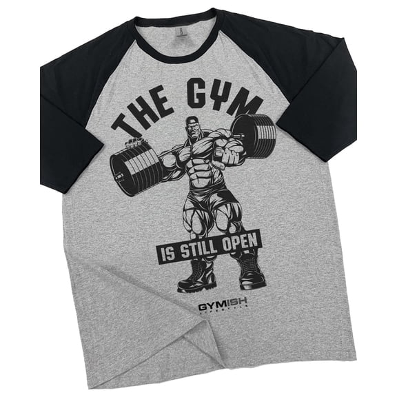 GYMISH RAGLAN Gym Is Still Open Gym T-Shirt for Men – Funny Fitness Tee, Weightlifting & Bodybuilding Shirt, Heather Grey, Small