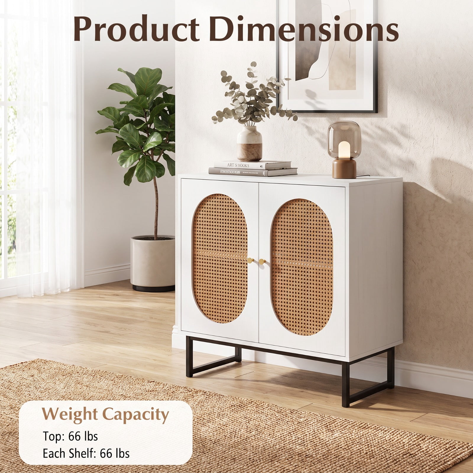 Furnibear Buffet Cabinet Rattan Storage Cabinet with 2 Doors and Adjustable Shelf for Kitchen Dining Living Room Buffet Storage Server, White