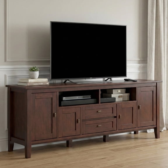 Simpli Home Warm Shaker 72 inch Wide Solid Wood TV Stand in Russet Brown For TVs up to 80 inches