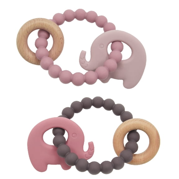 Silicone Animal Beaded Teething Ring for Infants, Elephant Design Baby Teether,2-Pack