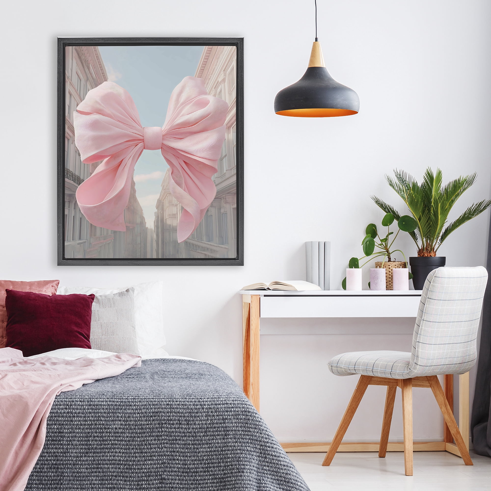Stupell Industries Pink Bow over City Street Black Framed Floater Canvas Wall Art, design by The Prints Vibe