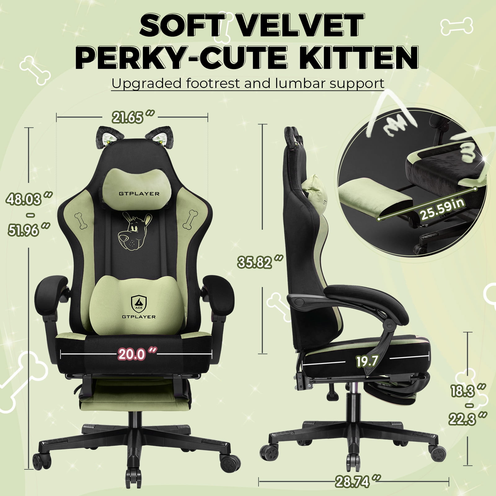 LUCKLIFE Cute Gaming Chair with Cat Paw,Computer Chair with Footrest, Reclining PC Game Chair for Girl, Teen