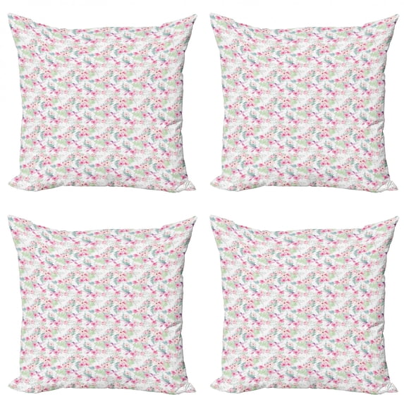 Floral Throw Pillow Cushion Case Pack of 4, Harmony of the Nature Theme with Pastel Toned Exotic Flowers and Flying Hummingbirds, Modern Accent Double-Sided Print, 4 Sizes, Multicolor, by Ambesonne