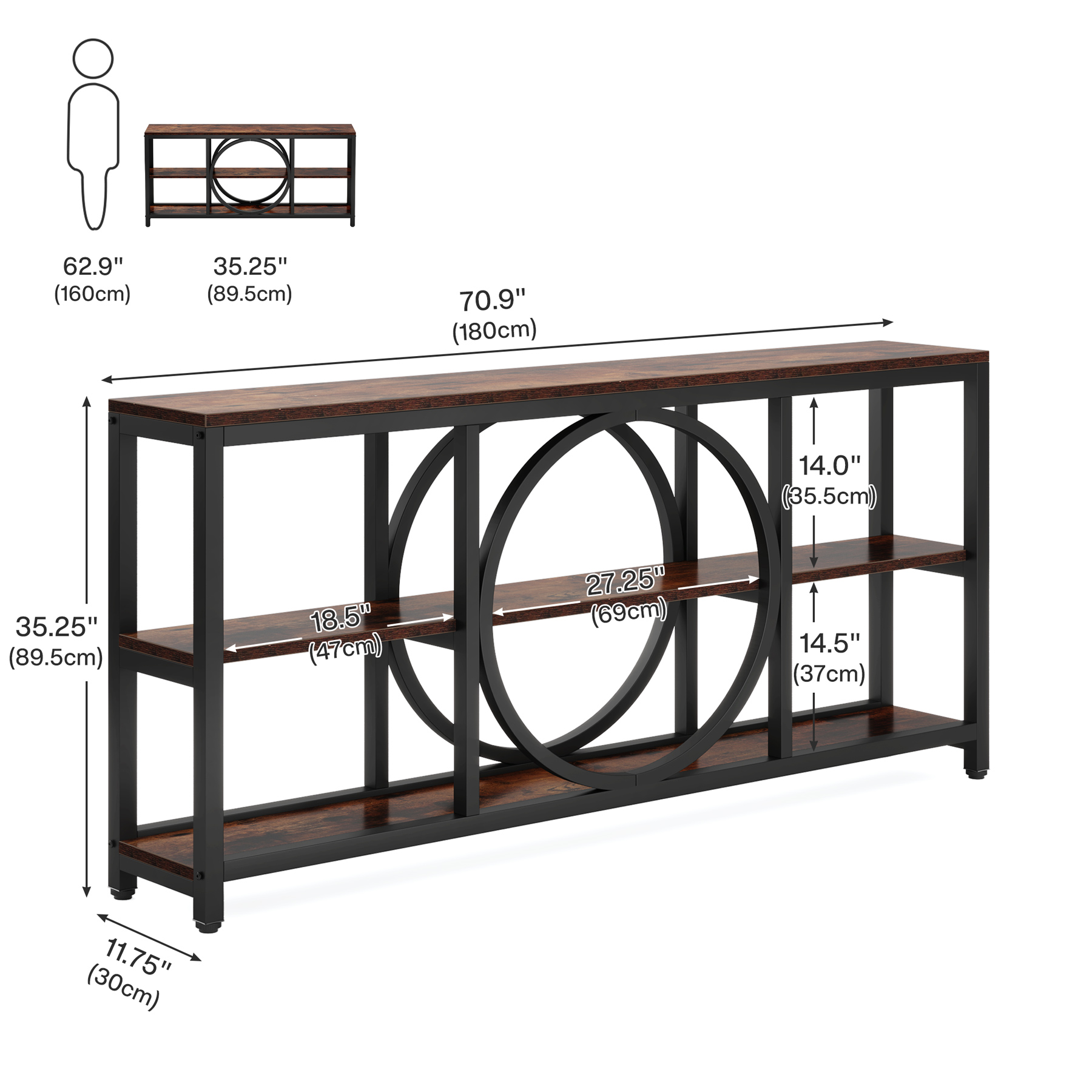 MAYEERTY 70.9" Console Table, Narrow Sofa Table with 3 Tier Storage Shelves