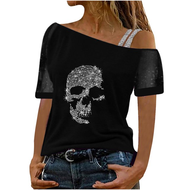 Blusa casual para mujer Camiseta estampada Malla Fuera del hombro Patchwork Manga corta Tops Pompotops hkajfhjk473630