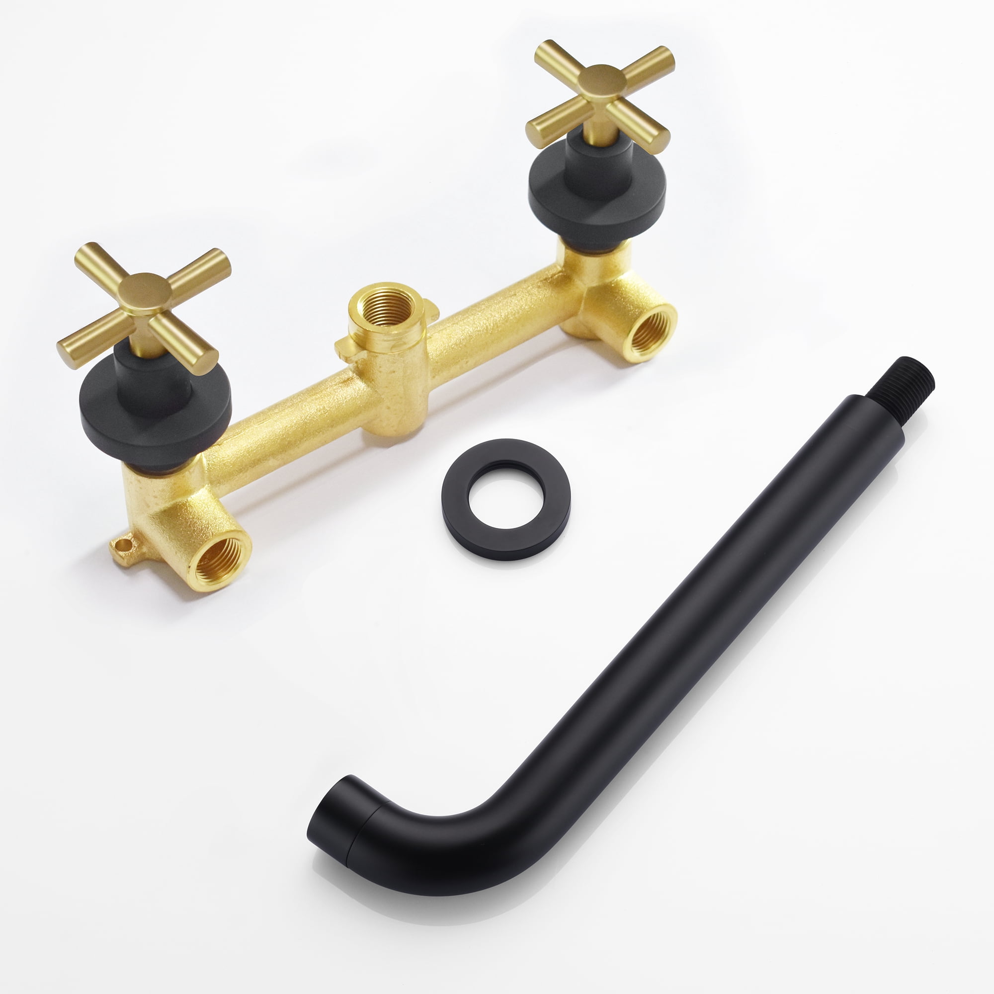 SUMERAIN Wall Mount Tub Faucet with 2 Cross Handles Black and Gold, Long Spout Reach High Flow