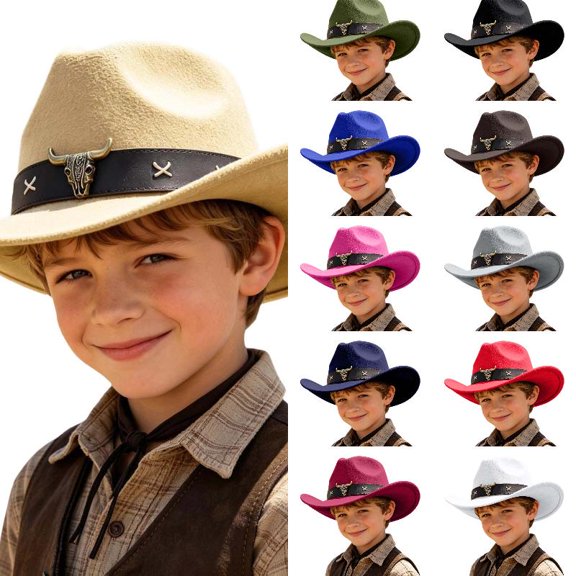 oqasdz Cowboy Hat for Kids Boy Girl Classic Cowgirl Solid Color Dress up Hat with Buckle Belt Party Performance Casual Summer