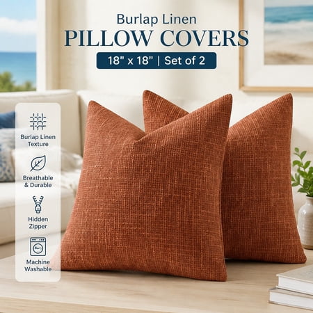 Burlap Linen Throw Pillow Covers 18x18 Inch Set of 2 Rust Farmhouse Fall Decorative Cushion Covers Soft Modern Accent Pillowcases for Sofa Couch Home Decor