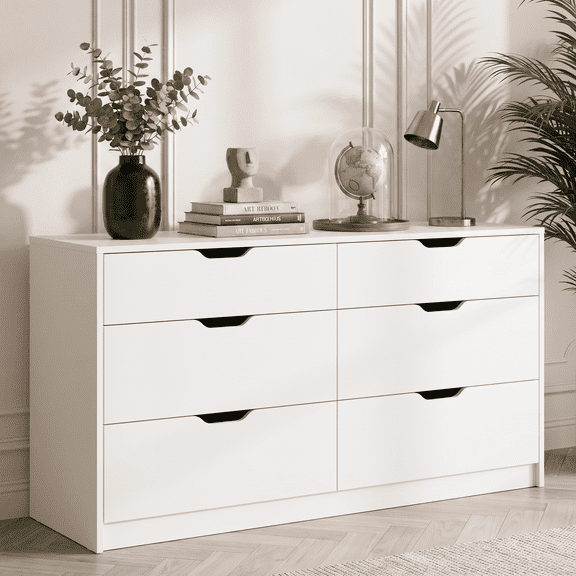 Homall 6 Drawer Double Dresser for Bedroom, Wood Storage Cabinet with Handle-Free Design, Modern Chest of Drawers for Bedroom & Living Room, White