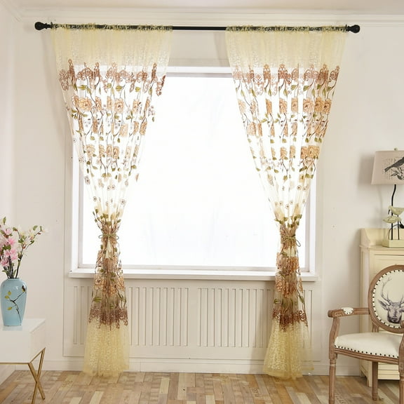 Leaves Sheer Curtain Tulle Window Voile Drape Valance 1 Panel Fabric,Drapes for Bathroom & Bedroom & Living Room Curtains(100x200cm,Coffee)