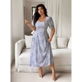 thumbnail image 5 of Blue And White Floral Square Neck Cinched Waist Ruched A-Line Maxi Dress For Women, 5 of 6