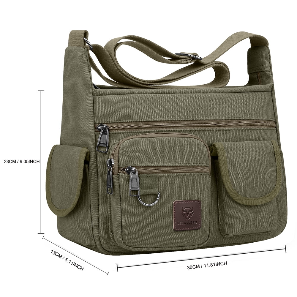 LEBULLBRO Canvas Messenger Bag for Mens Womens Multi-pockets 13 inch Laptop Shoulder Sling Bags School Crossbody Bags Travel Green