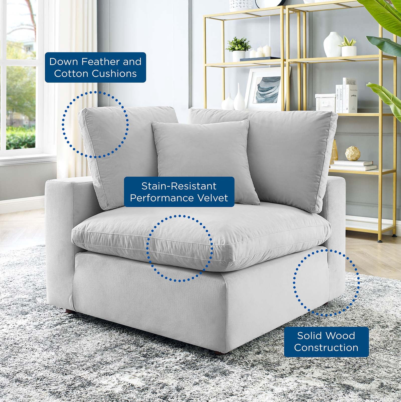 Modway Commix Down Filled Performance Velvet Corner Chair in Light Gray