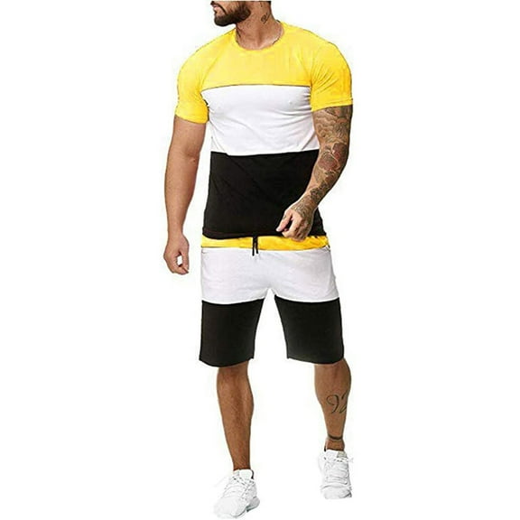 Daqian Big Mens Shorts Men 2 Piece Casual O-Neck Short Sleeve Tee Shirts and Fit Sport Shorts Set Mens Shorts Yellow XL(XL)