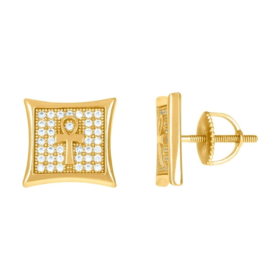 925 Sterling Silver Yellow-tone Mens Cubic Zirconia Ankh Cross Religious Stud Earrings 11.8x11.8mm Wide Earring for Men