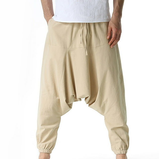 Pantalones largos de moda para hombre, de color liso, holgados, informales, para el hogar, con entrepierna harén, pantalones de hip hop, pantalones de algodón para hombre