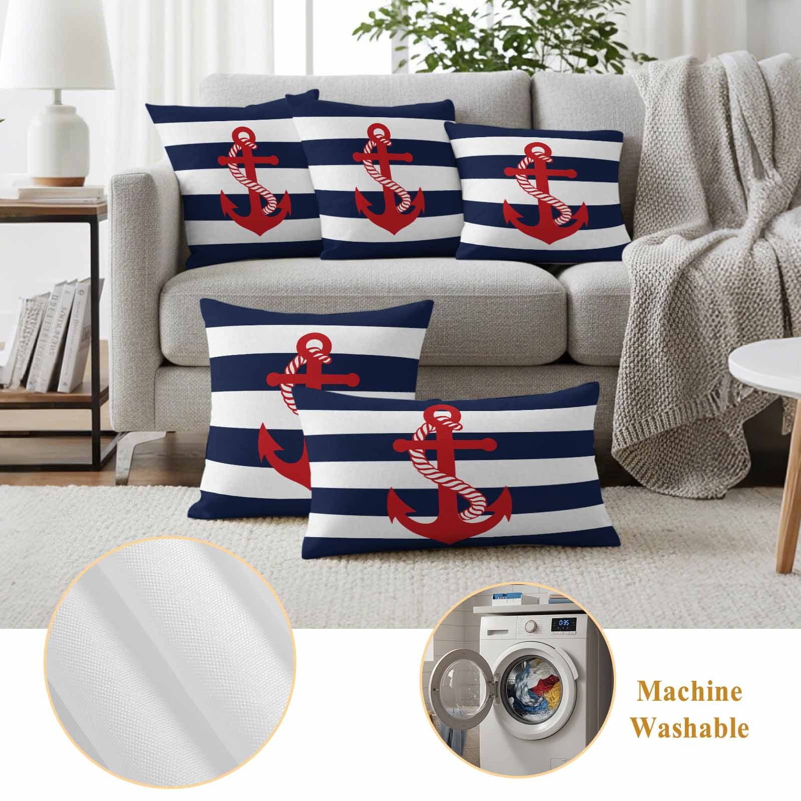 Outdoor Pillow Covers Pack of 2, Nautical Anchor Navy Blue Waterproof Throw Pillowcase Cushion Cases, Summer Ocean Coastal Style Decorative Pillow Cover for Couch Sofa Home Bed Patio